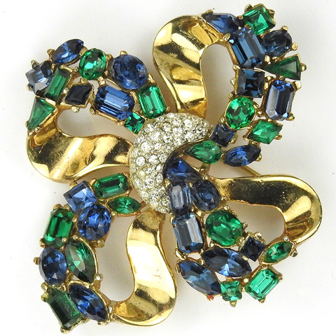 Trifari 'Alfred Philippe' 'Jeweled Symphony' Emerald and Sapphire Golden Bow Pin