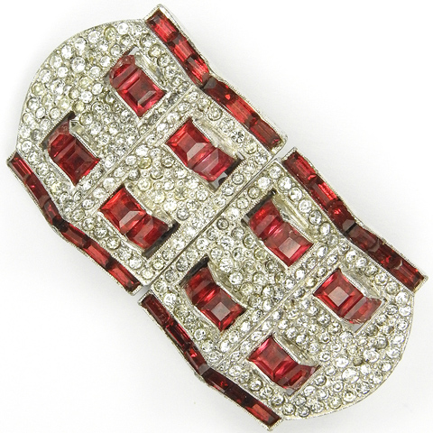 KTF Trifari 'Alfred Philippe' Deco Pave and Invisibly Set Rubies Ridged Shields Clipmate Pin or Pair of Dress Clips