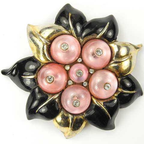 Trifari 'Alfred Philippe' Gold Black Enamel and Pink Shoebuttons Flowering Fruit Pin Clip