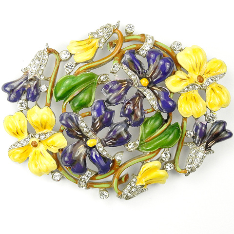 Trifari 'Alfred Philippe' Pave and Enamel Circular Posy of Purple and Yellow Pansies Pin