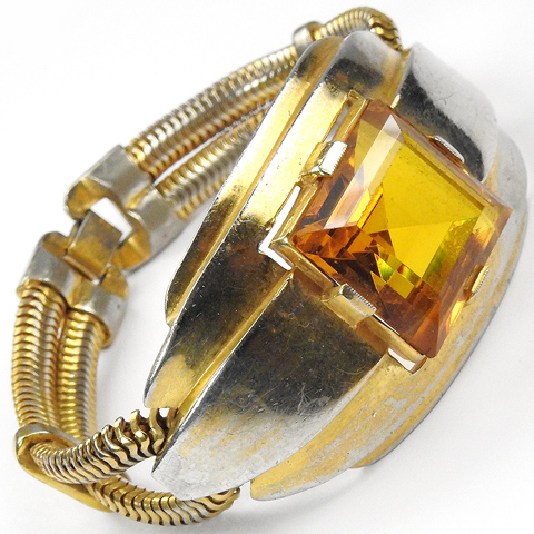 Trifari 'Alfred Philippe' Deco Gold Shield Square Cut Citrine and Knotted Gaspipes Bracelet