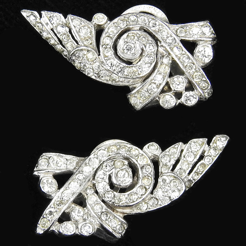 Trifari 'Alfred Philippe' Pave Winged Swirls Deco Geometric Pattern Clip Earrings
