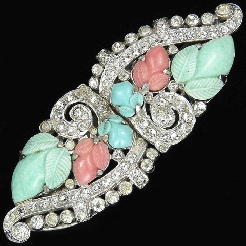KTF Trifari 'Alfred Philippe' Pave Swirl and Turquoise, Coral and Jade Fruit Salads Pair of Dress Clips or Clipmate Pin