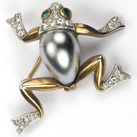 Trifari 'Alfred Philippe'  Gold Pave and Grey Pearl Belly Frog Pin