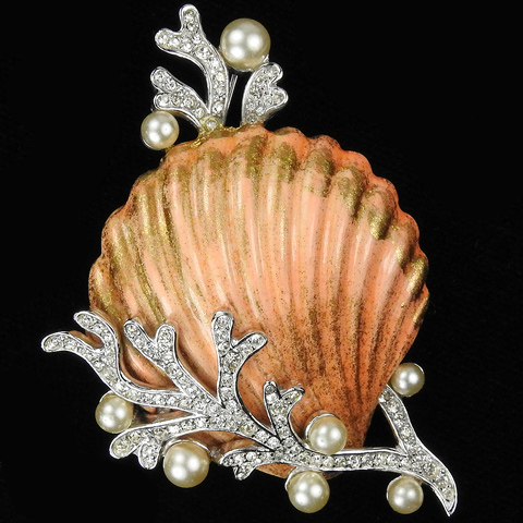 Trifari 'Alfred Philippe' 'Tropical Fantasies' Gold-Dusted Pink Enamel Scallop Seashell with Pave and Pearl Coral Pin