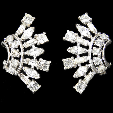 Trifari Sterling 'Alfred Philippe' Diamante Baguettes and Navettes 'Jewelled Tiaras' Royal Crown Clip Earrings