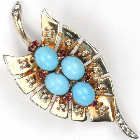 Trifari Sterling 'Alfred Philippe' Gold Diamante and Ruby Spangles Turquoise Cabochons Leaf Pin Clip