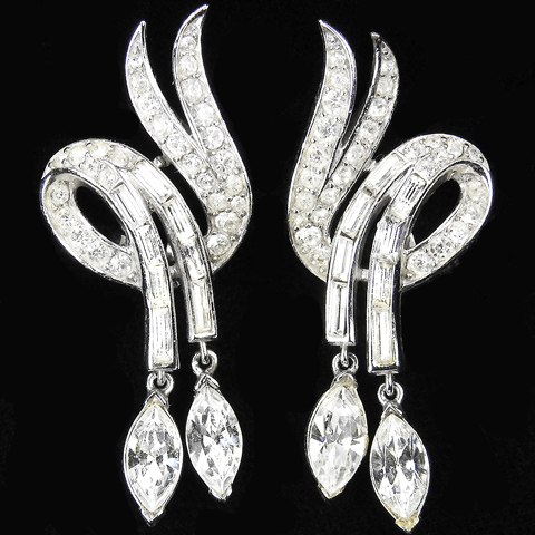 Trifari 'Alfred Philippe' Pave and Baguettes Double Swirls and Pendants Clip Earrings