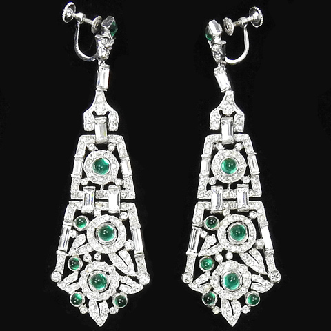 KTF Trifari 'Alfred Philippe' Deco Pave Emerald Cabochons and Diamante Baguettes Flower Circles Pattern Cravat Shaped Pendant Screwback Earrings