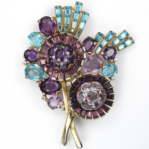 Trifari 'Alfred Philippe' 'Ombre Stone' Gold Aquamarines and Pale and Dark Amethysts Double Circular Flowers Floral Spray Pin Clip