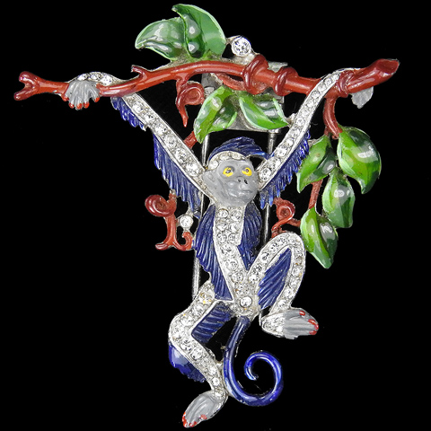 Trifari 'Alfred Philippe' Pave and Enamel Monkey Swinging from a Branch Pin Clip
