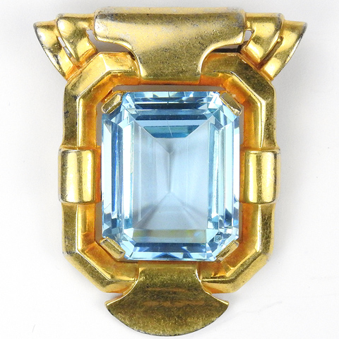 Trifari 'Alfred Philippe' Gold and Aquamarine Deco Doorknocker Pin