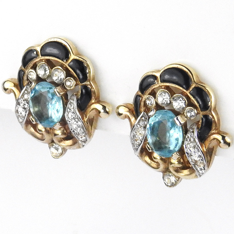 Trifari 'Alfred Philippe' Pave Enamel Aquamarine and Gold Scrolls Clip Earrings
