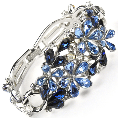 Trifari 'Alfred Philippe' Sapphire and Blue Topaz Flowers and Diamante Baguettes Triple Link Bracelet