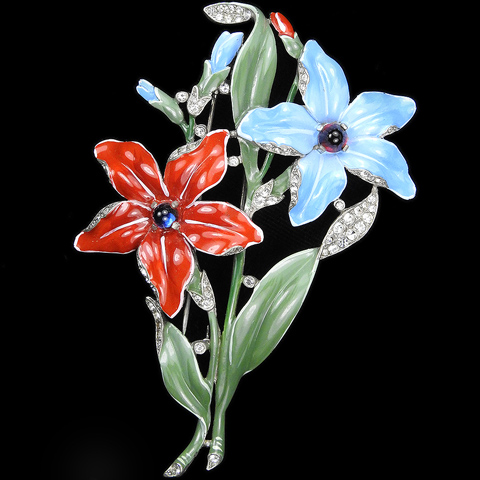 Trifari 'Alfred Philippe' Giant Pave and Enamel Red and Blue Double Clematis Pin Clip