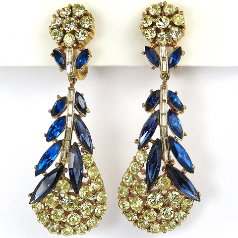 Trifari 'Alfred Philippe' 'Esplanade' Gold Sapphire Navettes and Citrine Pears Pendant from a Branch Clip Earrings