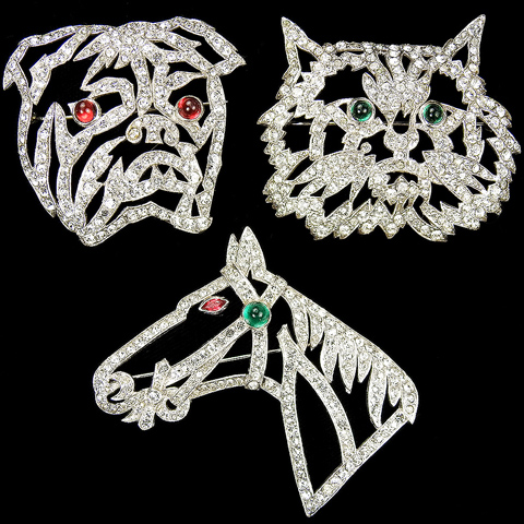 KTF Trifari 'Alfred Philippe' Set of Three Pave Openwork Cat's Face, Horse and Bulldog's Head Pins