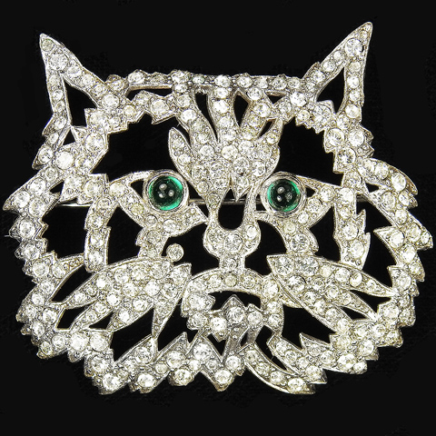 KTF Trifari 'Alfred Philippe' Pave Openwork and Emerald Cabochon Eyes Cat Face Pin