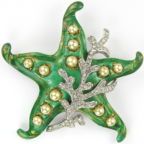 Trifari 'Alfred Philippe' 'Tropical Fantasies' Gold-Dusted Green Enamel Starfish with Pave Coral and Pearls Pin