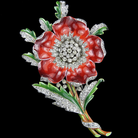 Trifari 'Alfred Philippe' 'Rue de la Paix' Pave and Enamel Primrose or Poppy with Spray of Leaves Pin Clip