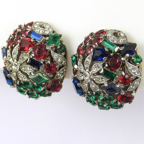 Trifari Sterling 'Alfred Philippe' 'Riviera' Series Tricolour Stones Floral Globes Clip Earrings
