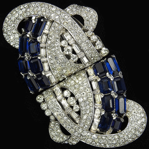 KTF Trifari 'Alfred Philippe' Pave and Baguette Swirls Deco Sapphire Pair of Dress Clips or Clipmate Pin