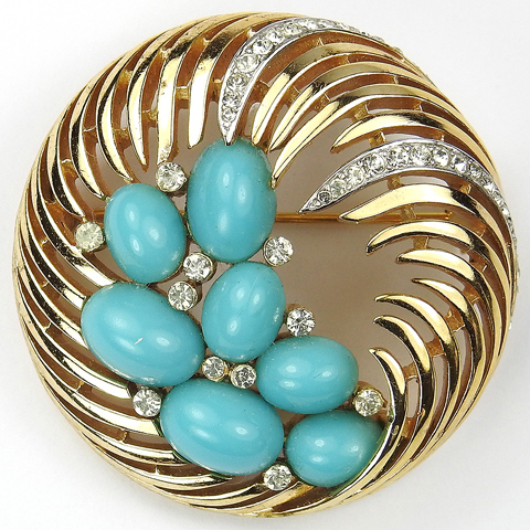 Trifari Gold and Pave Swirl with Turquoise Cabochons Pin