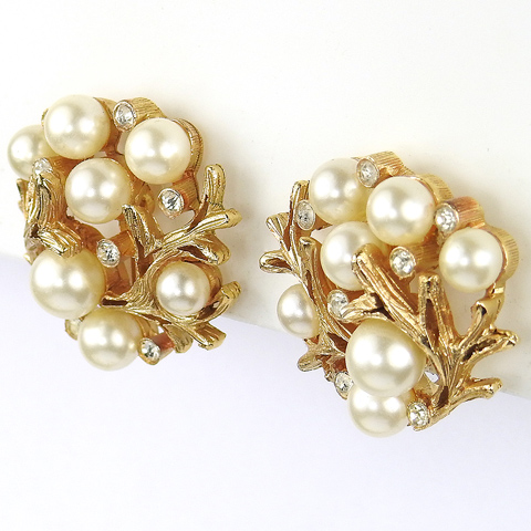 Trifari 'Alfred Philippe' Openwork Gold Branches and Pearl Fruits Button Clip Earrings