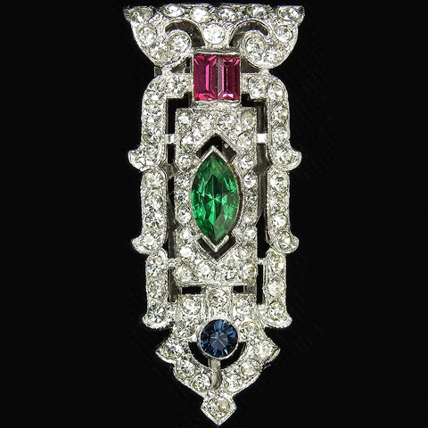 KTF Trifari 'Alfred Philippe' Pave and Tricolour 1930s 'Jewels of India' Deco Oblong Shield Dress Clip