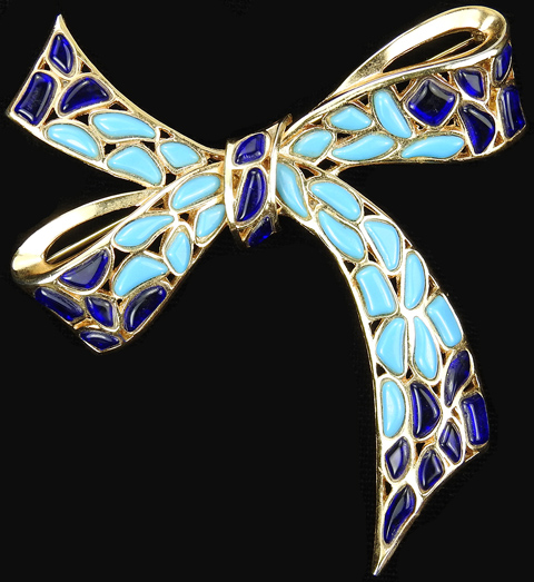 Trifari 'Modern Mosaics' Turquoise and Lapis Poured Glass Bow Pin