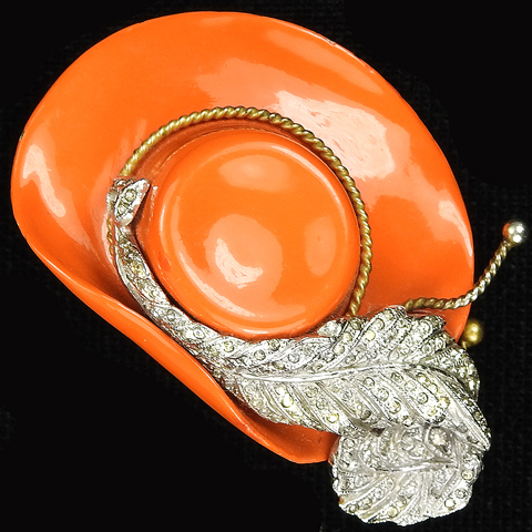 Trifari 'Alfred Philippe' Deco Coral Lady's Hat with Pave Ostrich Feather Pin