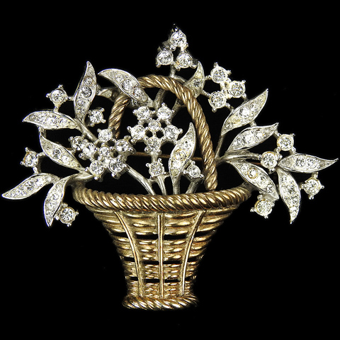 Trifari 'Alfred Philippe' Gold Pave and Diamante Navettes Flower Basket Pin