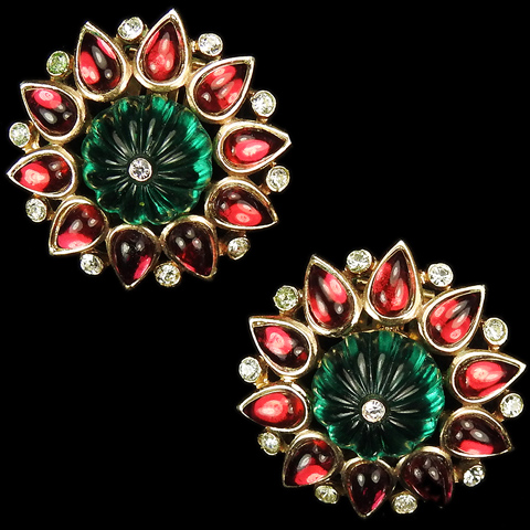 Trifari 'Alfred Philippe' Moghul Jewels Melon Cut Emerald and Teardrop Ruby Cabochons Button Clip Earrings