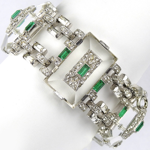 KTF Trifari 'Alfred Philippe' 1935 Deco Pave Baguettes Emeralds and Oblong Crystal Pyramids Five Element Link Bracelet