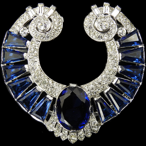 KTF Trifari 'Alfred Philippe' Pave and Sapphire Shield Swirl Dress Clip