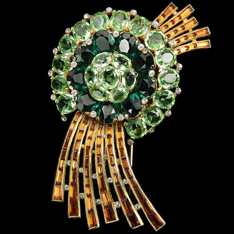 Trifari 'Alfred Philippe' Gold Peridot Emerald and Invisibly Set Topaz Baguettes Circular Flower Swirl Pin Clip