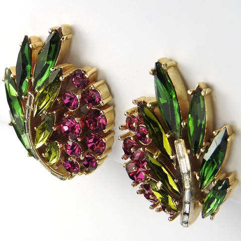 Trifari 'Alfred Philippe' 'Esplanade' Gold Diamante Baguettes Fuchsia Berries and Olivene and Emerald Leaves Clip Earrings