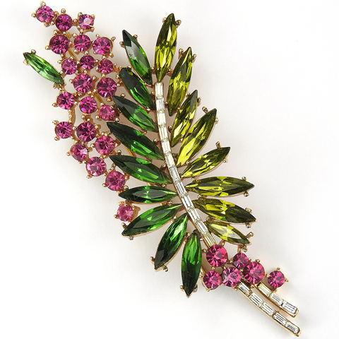 Trifari 'Alfred Philippe' 'Esplanade' Gold Diamante Baguettes Fuchsia Berries and Olivene and Emerald Leaves Pin