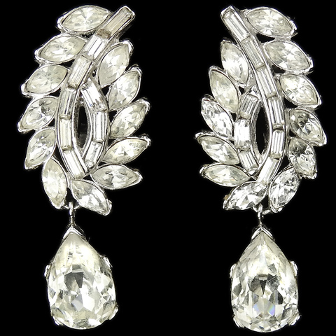 Trifari 'Alfred Philippe' Diamante Leaves and Pendant Navettes Clip Earrings
