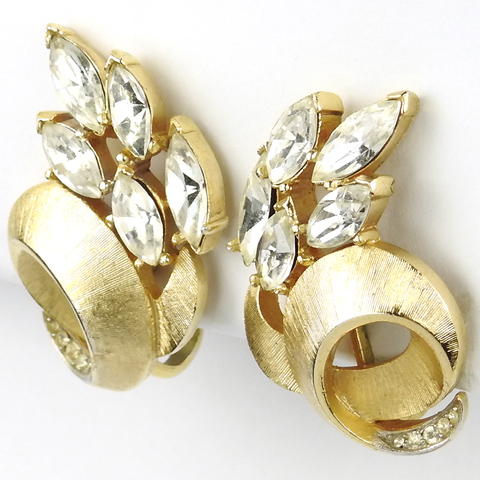 Trifari 'Alfred Philippe' Gold and Pave Leaf Swirls and Diamante Navettes Clip Earrings
