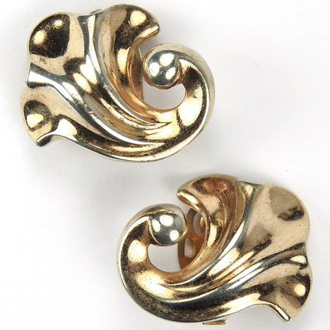 Trifari Sterling 'Alfred Philippe' Deco Gold Swirls Clip Earrings