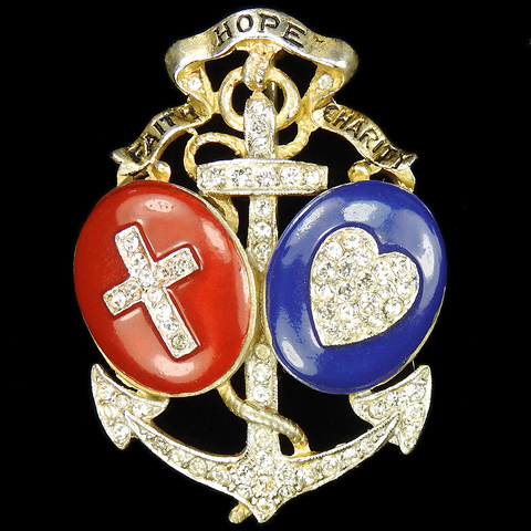 Trifari 'Alfred Philippe' Gold Pave and Enamel WW2 Patriotic Red White and Blue 'Faith Hope and Charity' Pin