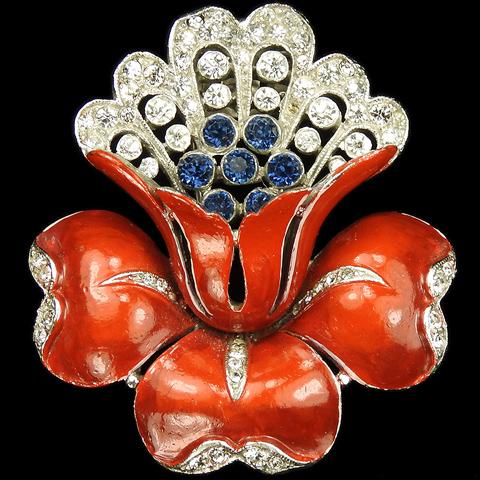 Trifari 'Alfred Philippe' Red Enamel Pave and Sapphires Medium Lotus Flower Pin Clip