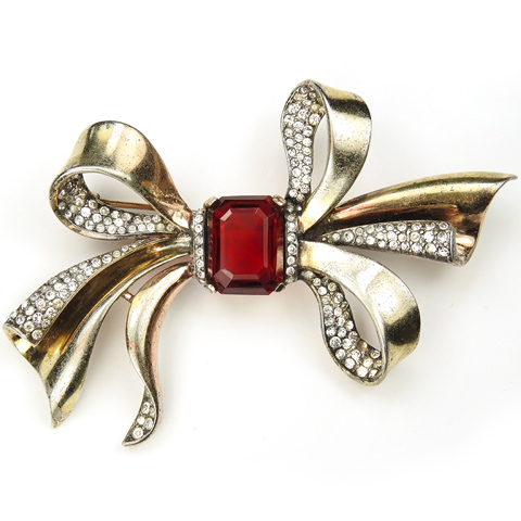 Trifari Sterling 'Alfred Philippe' Gold Pave and Table Cut Ruby Bow Bowknot Pin