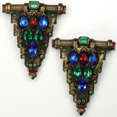 KTF Trifari 'Alfred Philippe' Gold and Multicolour Navettes 1930s Jewels of India Pair of Triangular Shields Dress Clips 