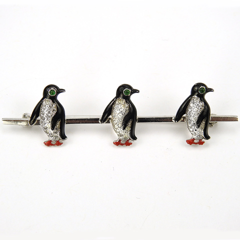 KTF Trifari 'Alfred Philippe' Three Pave and Enamel Penguins Bar Pin or Tie Pin
