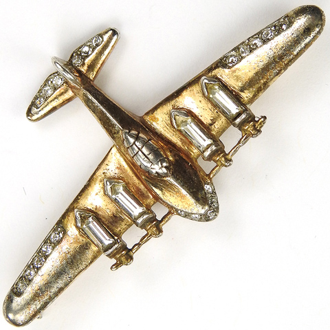 Trifari Sterling 'Alfred Philippe' WW2 US Patriotic Gold Pave and Baguettes Four Engined Bomber Airplane Pin