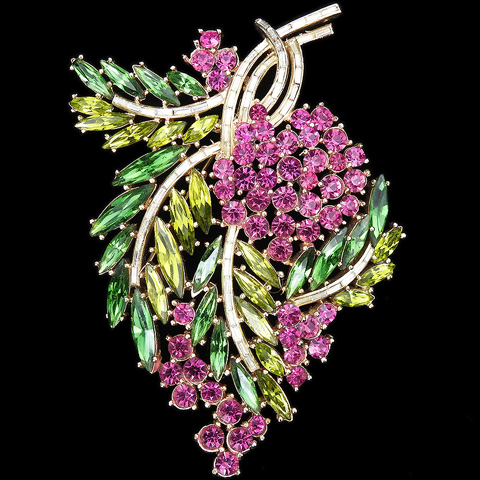 Trifari 'Alfred Philippe' 'Esplanade' Gold Diamante Baguettes Fuchsia Berries and Olivene and Emerald Leaves Floral Spray Pin