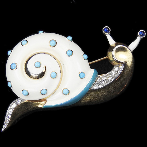 Trifari 'Alfred Philippe' Gold White Enamel and Turquoise Cabochons Snail Pin Clip