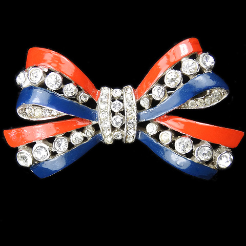 Trifari 'Alfred Philippe' WW2 US Patriotic Small Red White and Blue Openwork Bow Pin